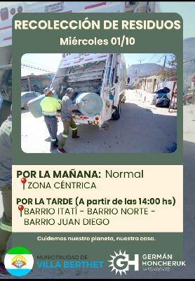 La Secretaría de Obras y Servicios Públicos de la Municipalidad de Villa Berthet comunica: